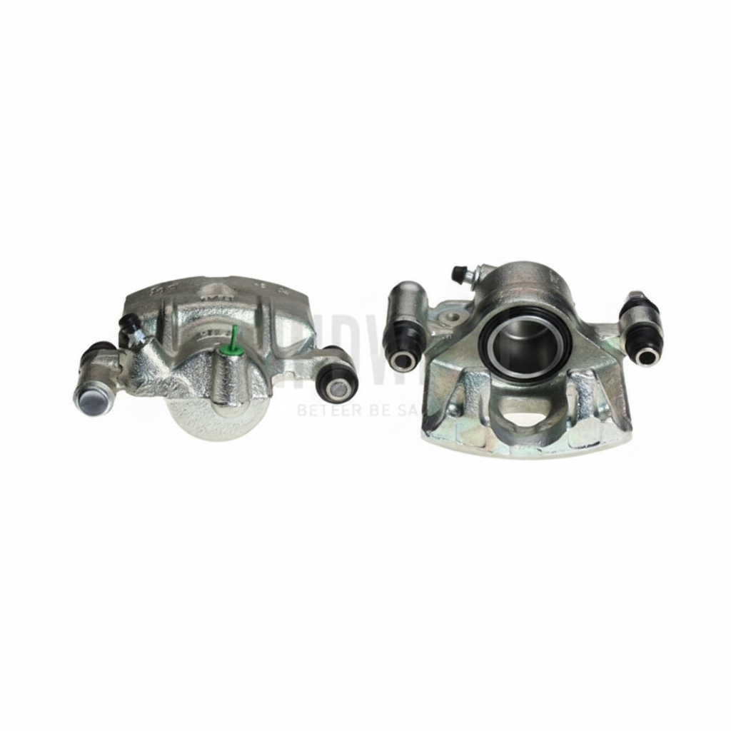 Front brake caliper kit for Mitsubishi Delica L300 and L200, single-piston Akebono style caliper, made in the Netherlands, replaces OEM MB500773, MB534321, MB534547.