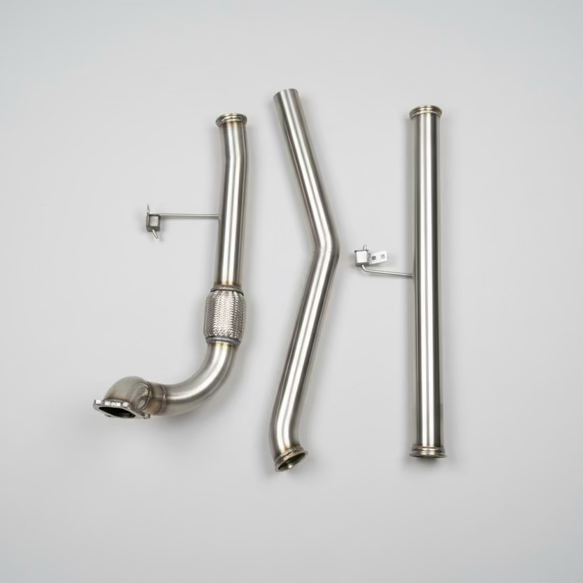 HiYota 3-inch stainless steel turbo-back exhaust system for Toyota Hiace KZH106 1KZ-TE (1993–2004), made in Canada with V-band connections and mandrel-bent tubing.
