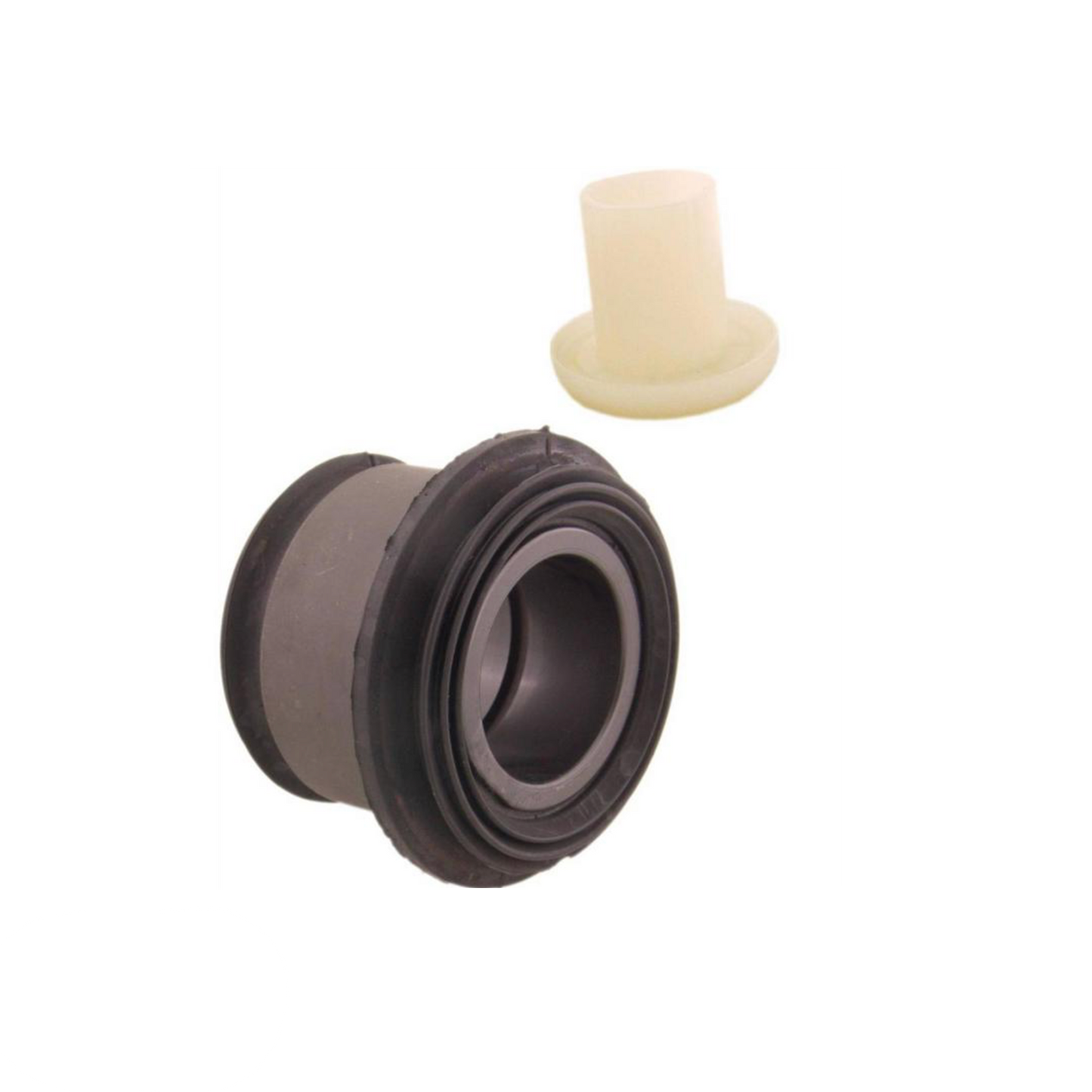 An upper front control arm bushing for a Mitsubishi Delica L400, showing both the black rubber component and the overall assembly.