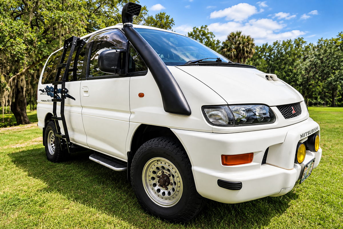 TERRA right-side aluminum ladder for Mitsubishi Delica L400 1994–2006, black powder-coated side ladder with 700 lb load capacity, made in Canada.