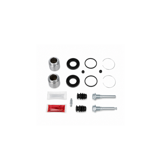 Delica L300 dual-piston front brake caliper repair kit with pistons, seals, guide pins, boots, retaining rings, grease, and bleeder screw.