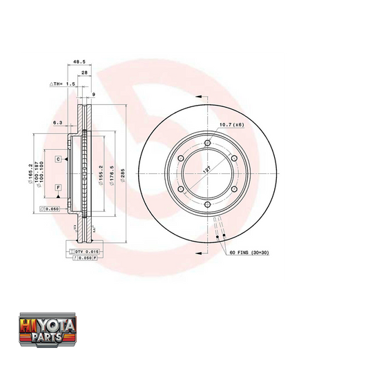 BREMBO Vented Front Brake Disc Hiace 1993-2004