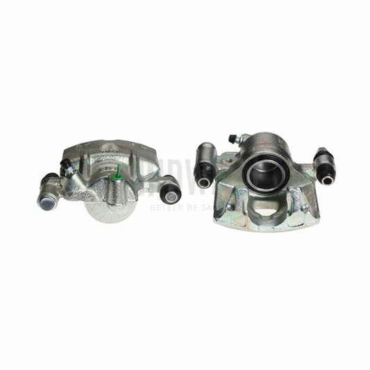 Front brake caliper kit for Mitsubishi Delica L300 and L200, single-piston Akebono style caliper, made in the Netherlands, replaces OEM MB500773, MB534321, MB534547.