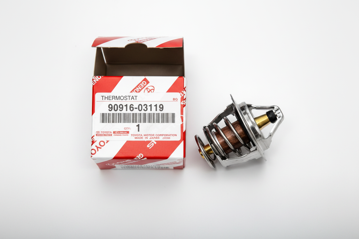 Genuine Toyota 90916-03119 76°C low-temperature thermostat for Toyota Hiace KZH 1KZ-TE diesel engine with original Toyota Genuine Parts box.