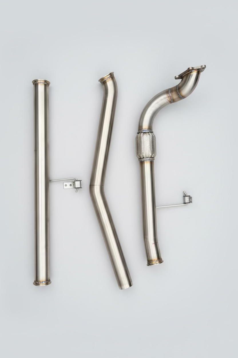 HiYota 3-inch stainless steel turbo-back exhaust system for Toyota Hiace KZH106 1KZ-TE (1993–2004), made in Canada with V-band connections and mandrel-bent tubing.