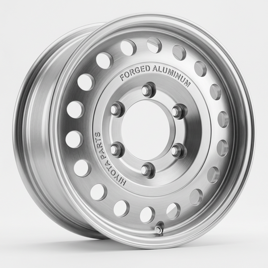HiYota 6-bolt forged aluminum wheel rim for Toyota HiAce H100 and H200 1989–2018, 6x139.7 bolt pattern, 106.1mm centre bore (pending confirmation), lightweight one-piece forged construction, classic 1970s Japanese steel wheel design, vintage JDM styling, polished aluminum finish, suitable for compatible 4WD HiAce vans, camper conversions and overland builds.