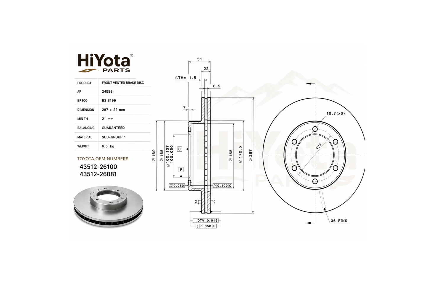  HiYota front vented brake disc rotors for 1989, 1990, 1991, 1992 and 1993 Toyota HiAce, RegiusAce, Dyna, ToyoAce and Quick Delivery, 287 x 22 mm front brake rotors for select 2L, 3L, 5L, 2RZ-E, 3Y and 4Y models. Toyota OEM replacement and cross-reference numbers 43512-26081, 4351226081, 43512-26100, 4351226100.
