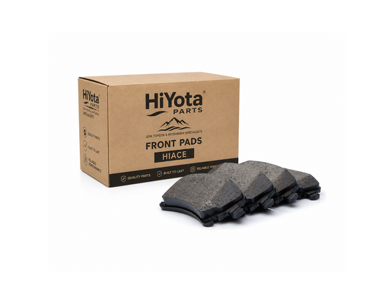 HiYota front brake pad set for Toyota HiAce, RegiusAce, Granvia, Grand HiAce, Dyna, ToyoAce and Quick Delivery. Complete 4-piece front disc brake pad set. Toyota OEM numbers: 04465-26310, 04465-25060, 04465-26390, 04491-26110, 04465-26320, 04491-26191, 04491-26100, 04491-26340, 04491-26180, 04465-26170, 04491-26210, 04465-26100, 04491-26170, 04465-25090, 04491-26320, 04491-26160, 04491-26270, 04491-26262, 04491-26260, 04491-26261, 04465-26250, 04465-25040, 04465-26130, 04465-26370, 04465-26090, 04465-26300,