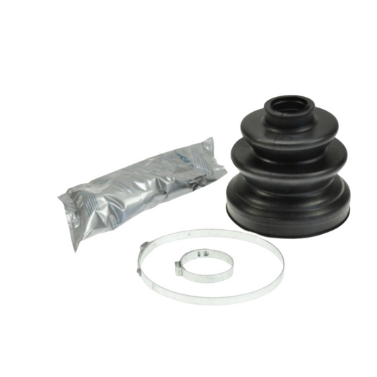 A CV DELICA BOOT INNER Kit which includes a black boot, a silver packet of grease, and a metal ring.

