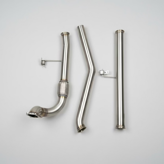 HiYota 3-inch stainless steel turbo-back exhaust system for Toyota Hiace KZH106 1KZ-TE (1993–2004), made in Canada with V-band connections and mandrel-bent tubing.