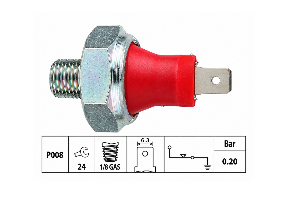 Mitsubishi Delica L300 4D56 diesel oil pressure sensor switch, 1/8 GAS thread, 0.20 bar, 24mm hex, single 6.3mm terminal.