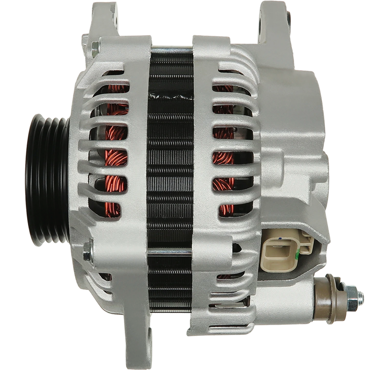 Mitsubishi Delica L400 2.4L 4G64 gas alternator, 12V 90A, with technical dimensions, mounting specifications, pulley details, and 2-pin L/S connector diagram. MD313384