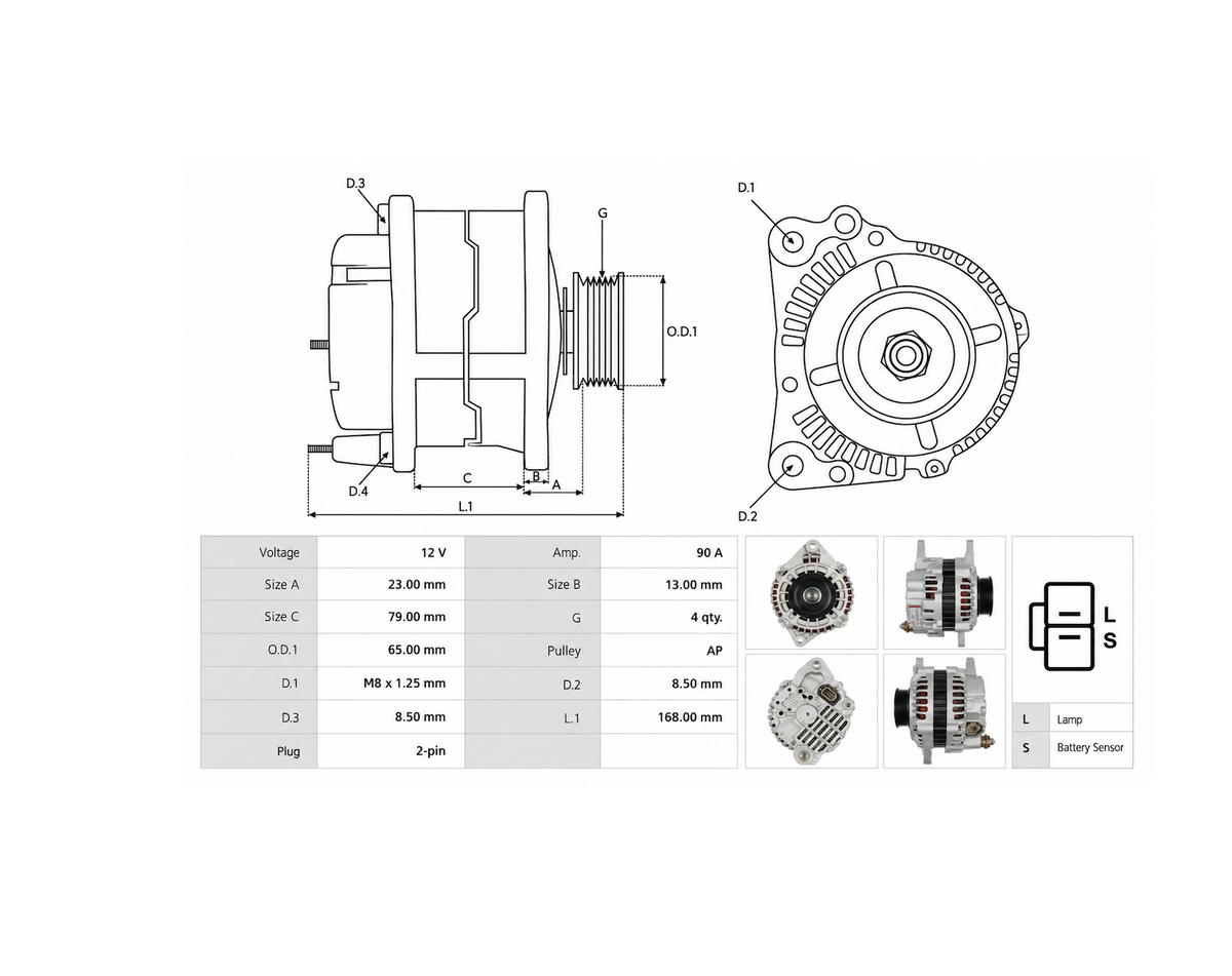 Mitsubishi Delica L400 2.4L 4G64 gas alternator, 12V 90A, with technical dimensions, mounting specifications, pulley details, and 2-pin L/S connector diagram. MD313384