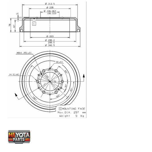 Rear Brake Drum Hiace 1989-2004