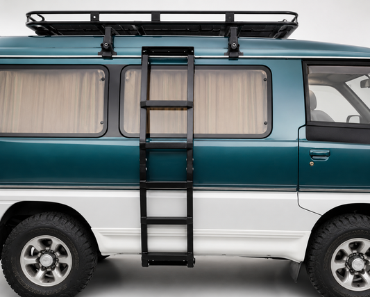 HiYota TERRA aluminum side ladder mounted on a Mitsubishi Delica L300, black powder-coated, right-side roof access ladder made in Canada for all L300 models.