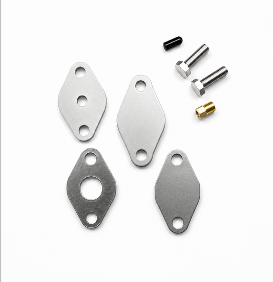 Toyota 1KZ-TE stainless steel EGR block-off kit with gaskets, hardware, and optional USA-made rectangular EGT monitor for Hiace, Hilux, Land Cruiser Prado, Granvia, Dyna, and Toyoace.